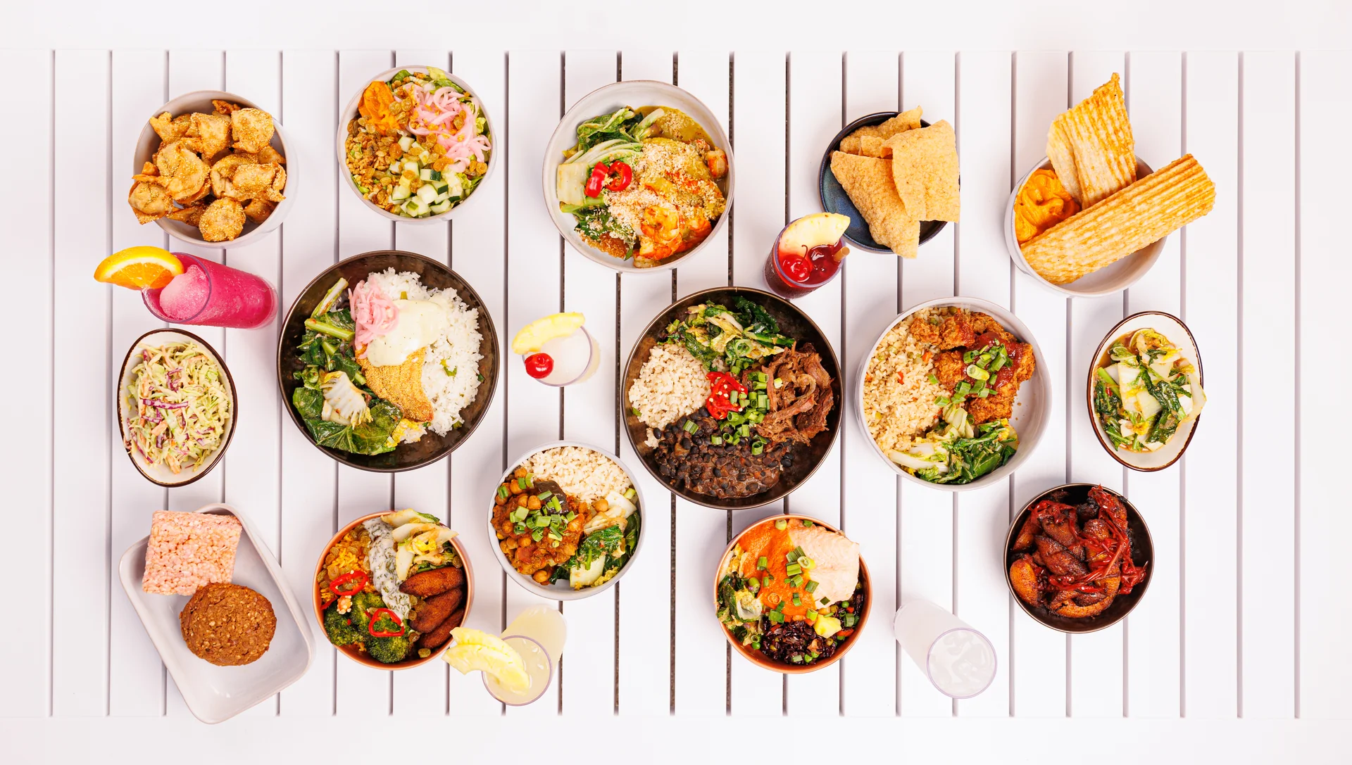 An overhead spread of Fieldtrip rice bowls