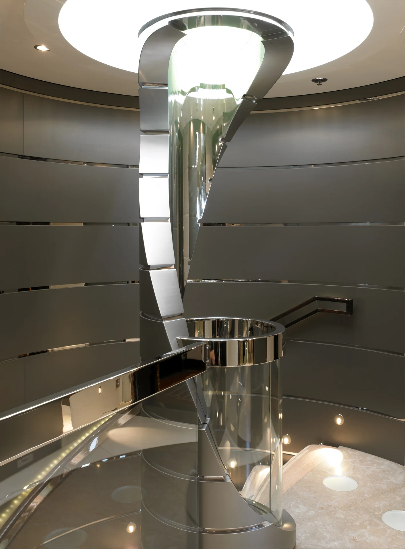 The staircase aboard the motor yacht Elysian