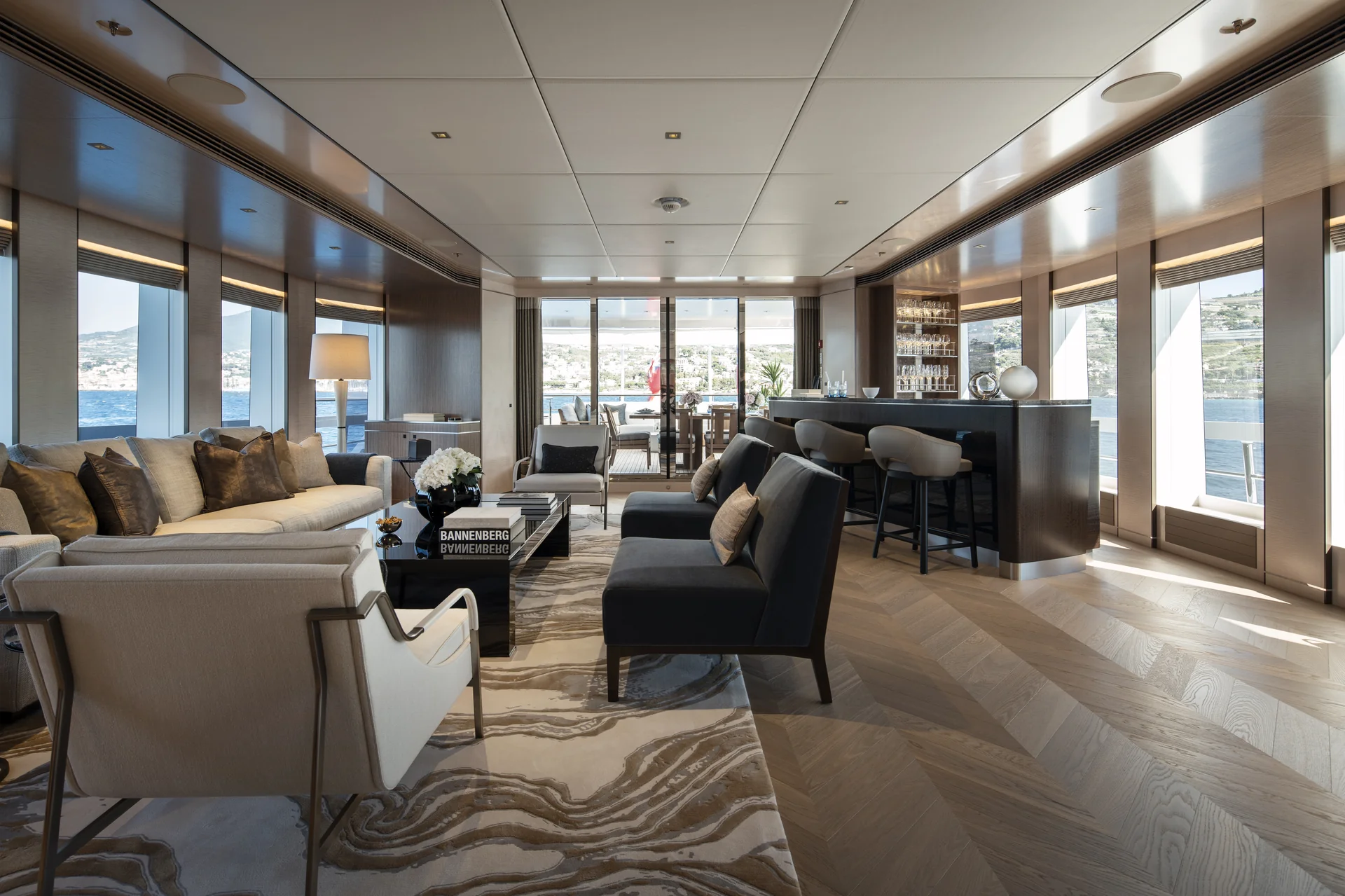 The main saloon of the Bannenberg \& Rowell-designed motor yacht Moskito